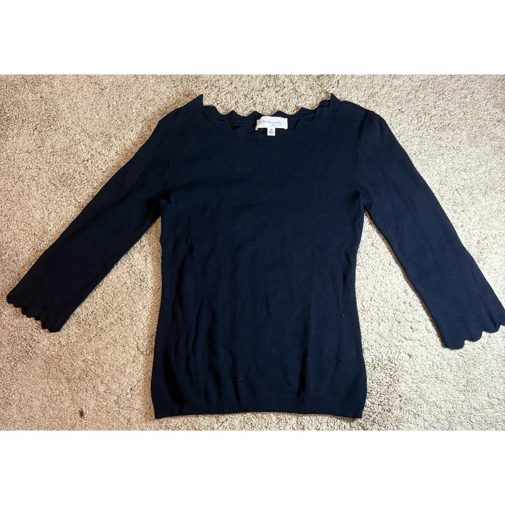 Philosophy Sweater‎ Blouse Women XS Black Scalloped Neckline & Wrists Classy